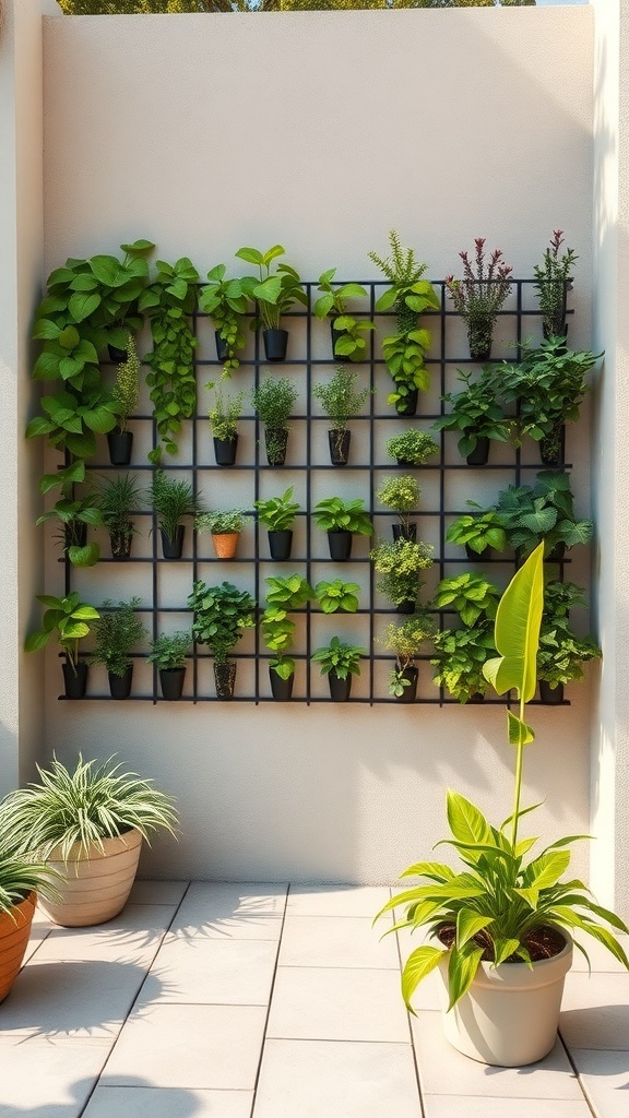 A vertical garden wall featuring various plants in pots arranged on a grid.