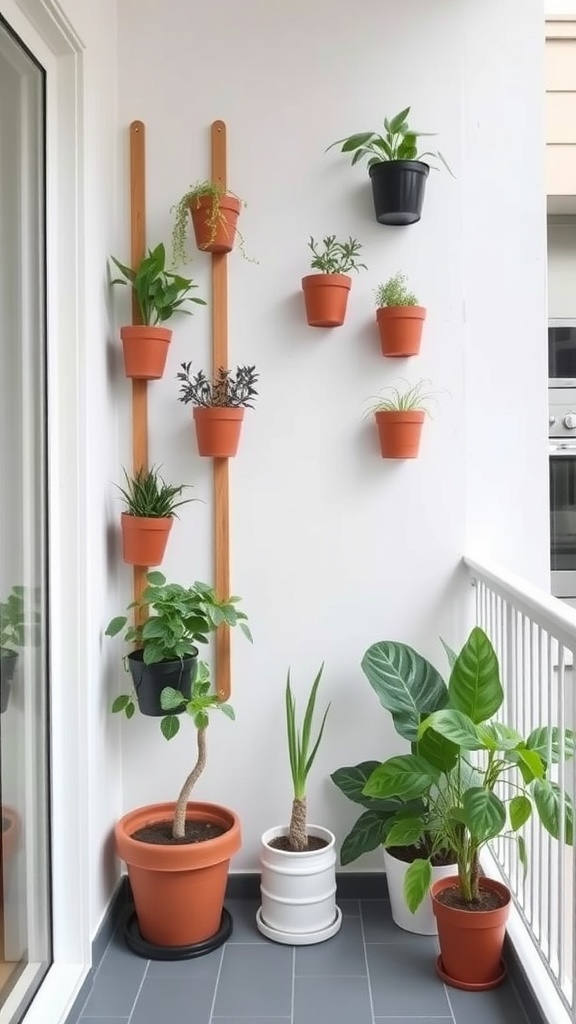 Vertical garden with various potted plants on a wall.