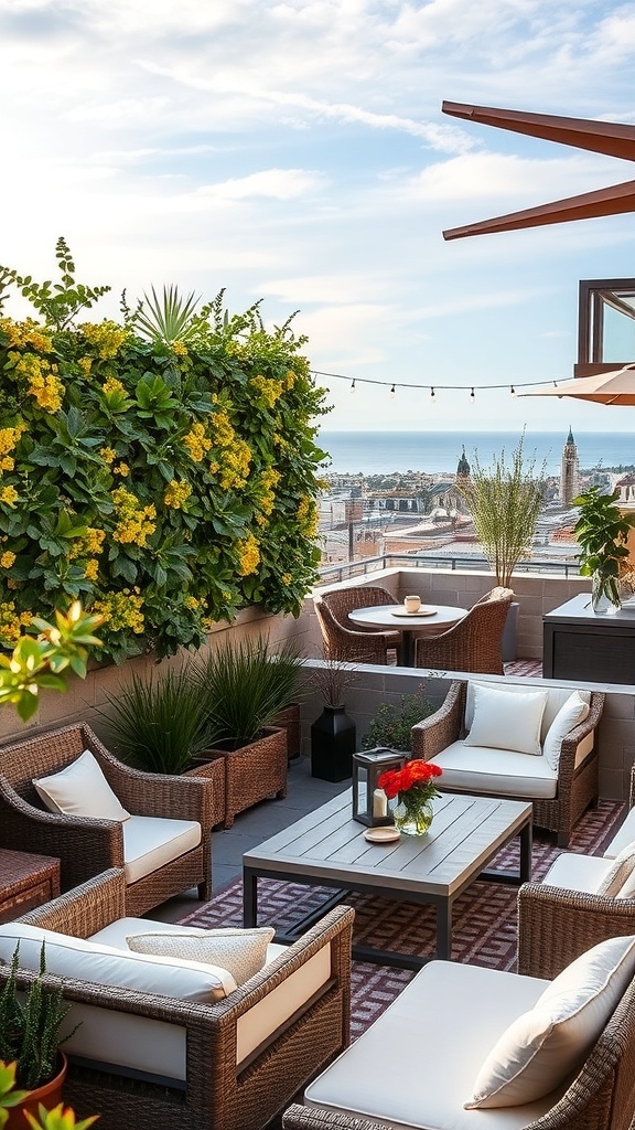 Stilvolle Dachterrasse mit vertikalem Garten und gemütlichen Möbeln