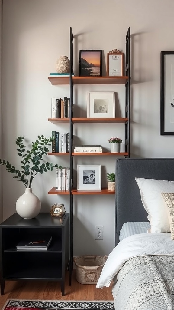 A cozy bedroom featuring a vertical shelving unit filled with books and decorative items, with a bed and natural light.