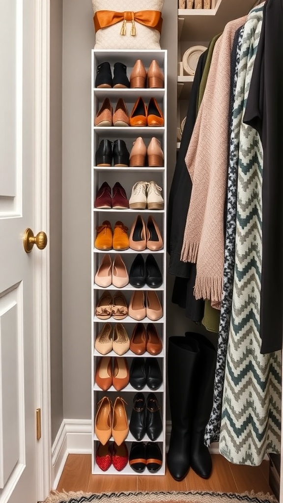 Vertical shoe storage rack with various shoes organized neatly.