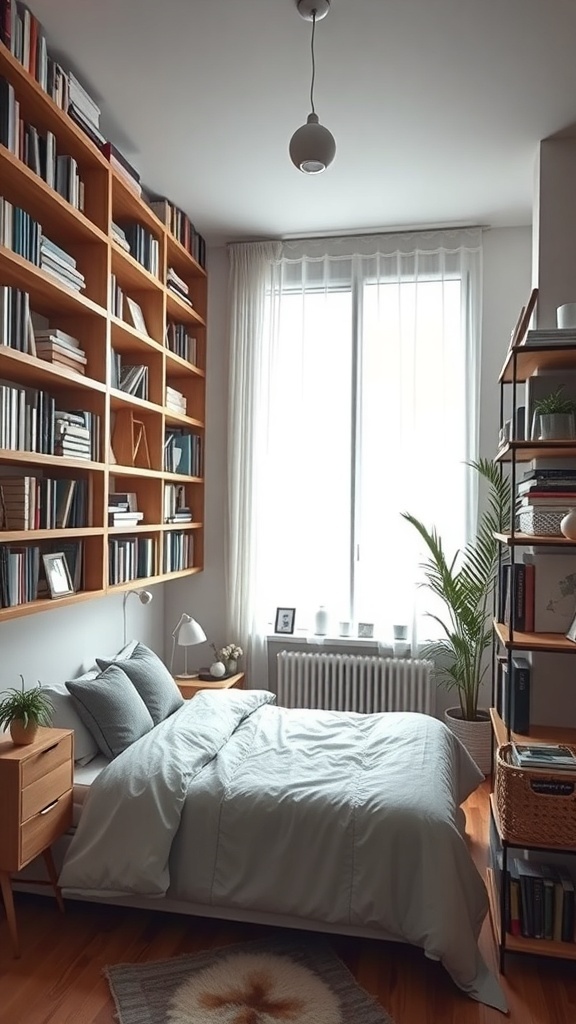 A cozy bedroom featuring tall bookshelves filled with books and decorative items, maximizing vertical space for storage.