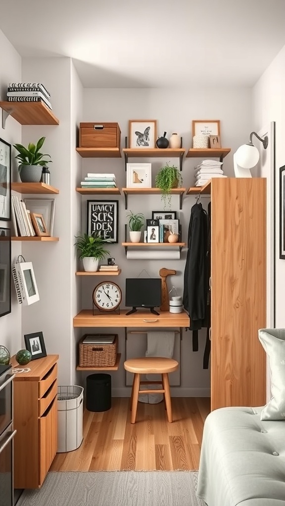 A cozy workspace with vertical storage, featuring wooden shelves, plants, and a desk.