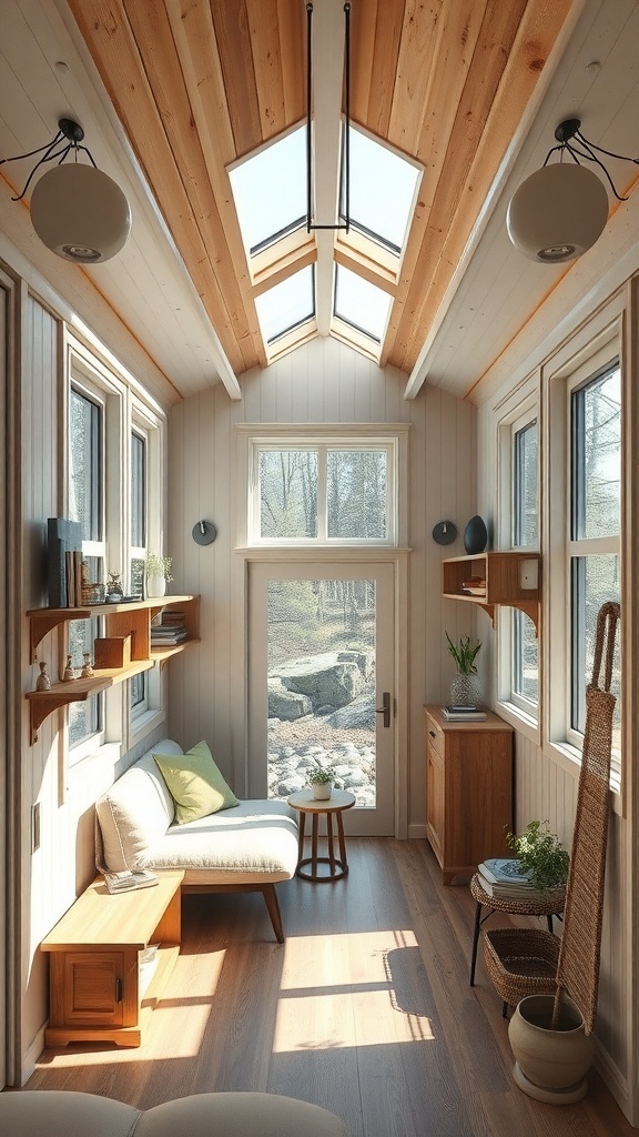 Helle Wohnfläche eines Tiny Houses mit vertikalen Regalen und gemütlicher Couch