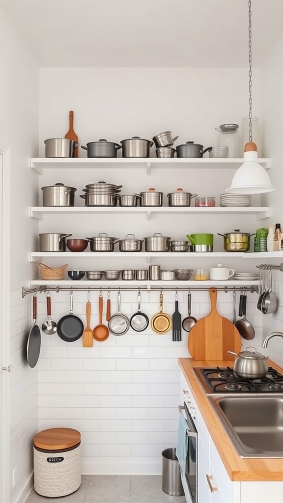 A kitchen with open shelves displaying pots and pans, and utensils hanging on a rack.