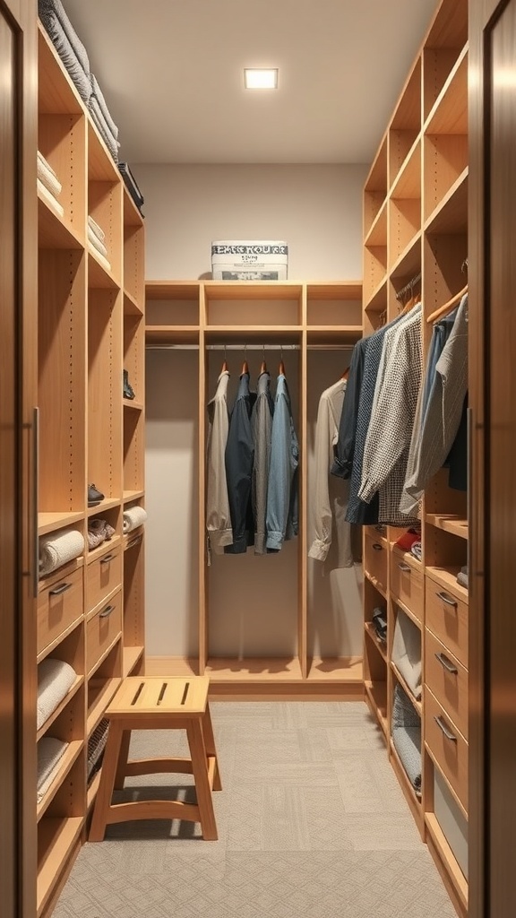 A vertical storage walk-in closet featuring tall shelves, hanging rods, and a small stool for seating.