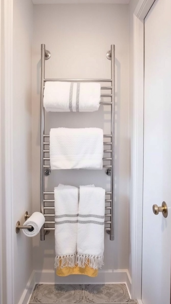A vertical towel rack in a small bathroom with a white towel hanging on it.