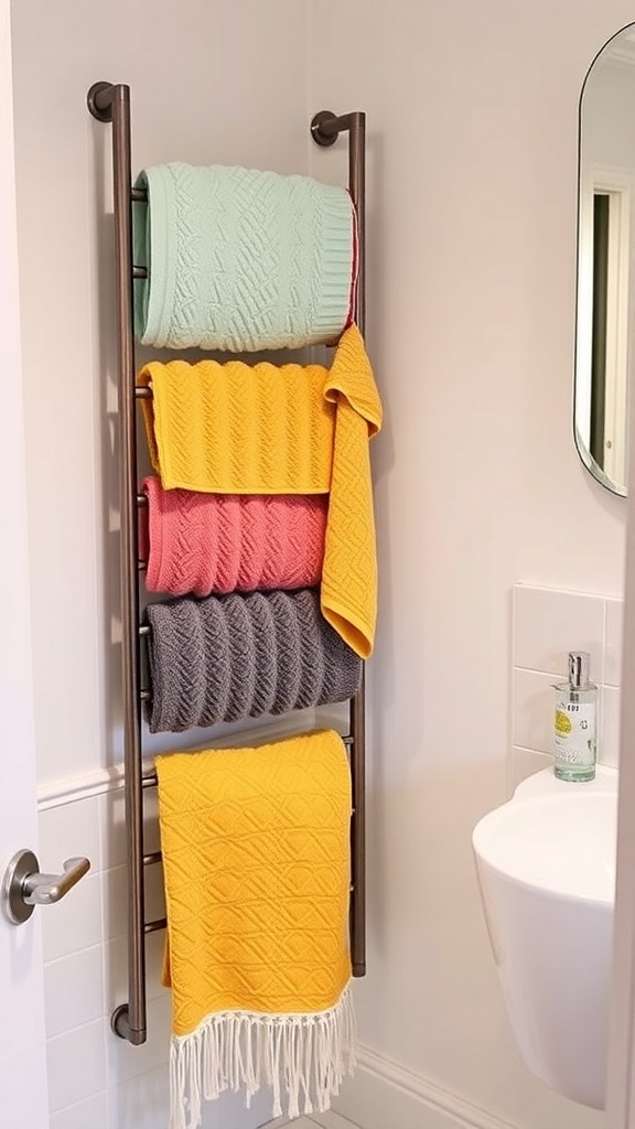 A stylish vertical towel rack in a small bathroom, holding neatly folded towels in soft colors.