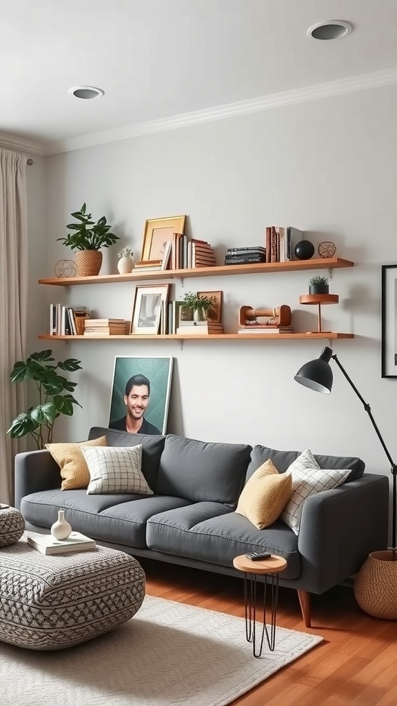 Stylish living room with vertical wall shelves displaying books and plants above a gray couch