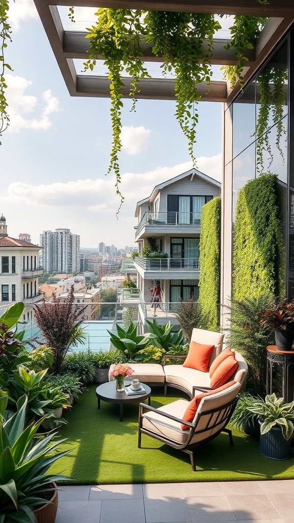 Ein stilvoller vertikaler Garten auf einem Balkon mit bequemen Möbeln und üppigen Pflanzen.