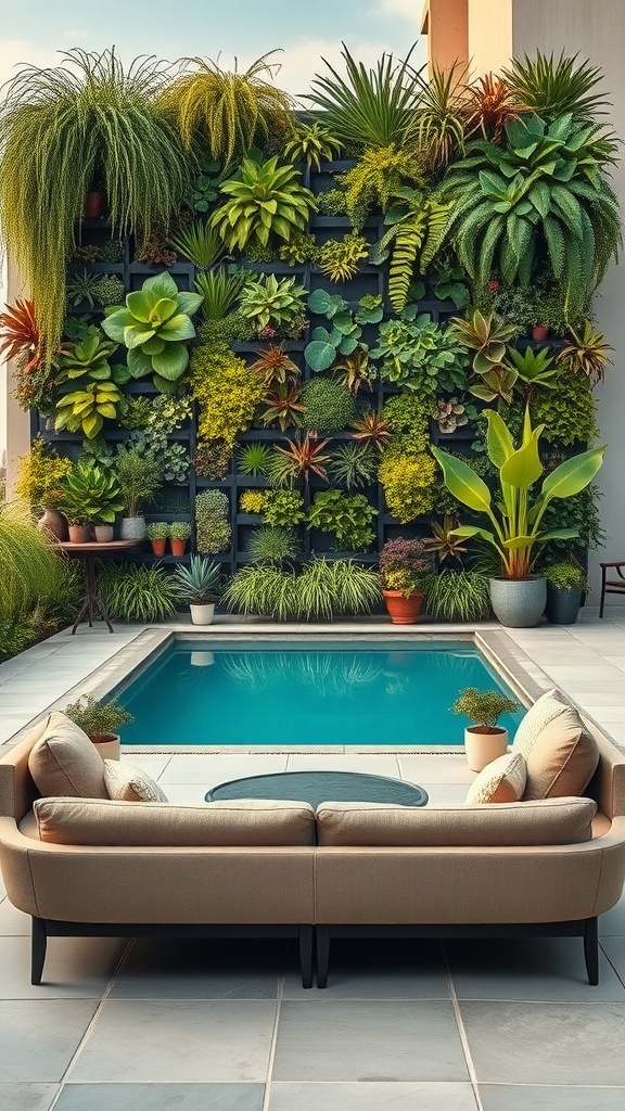 Ein vertikaler Garten mit verschiedenen Pflanzen, die eine Wand bedecken, und einem Pool im Vordergrund.