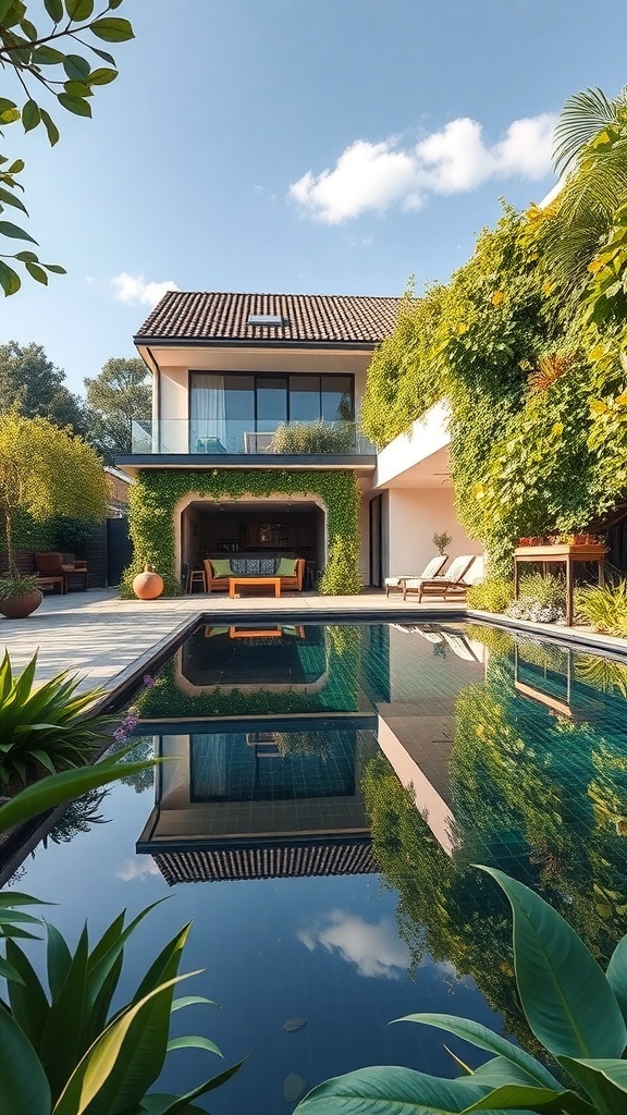 Ein modernes Haus mit einem vertikalen Garten und einem Pool, umgeben von Pflanzen.