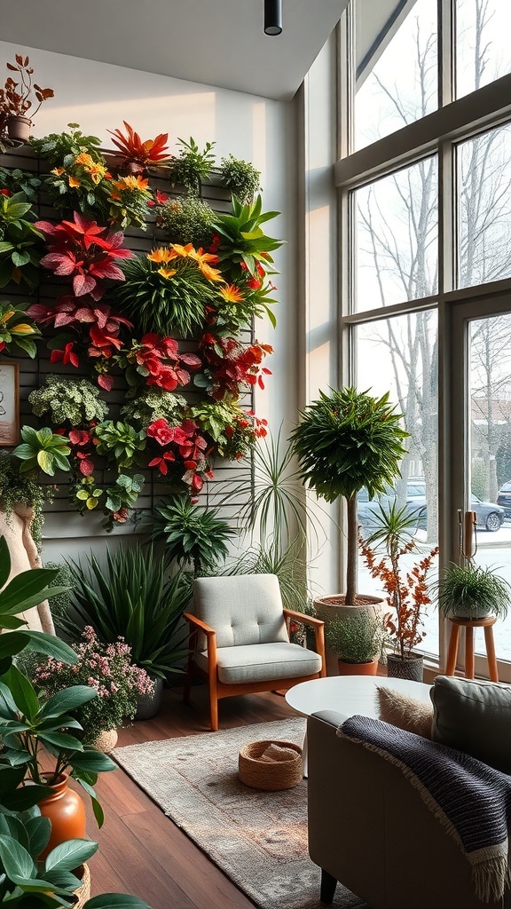 Ein Wintergarten mit einem vertikalen Garten, der mit bunten Pflanzen geschmückt ist.