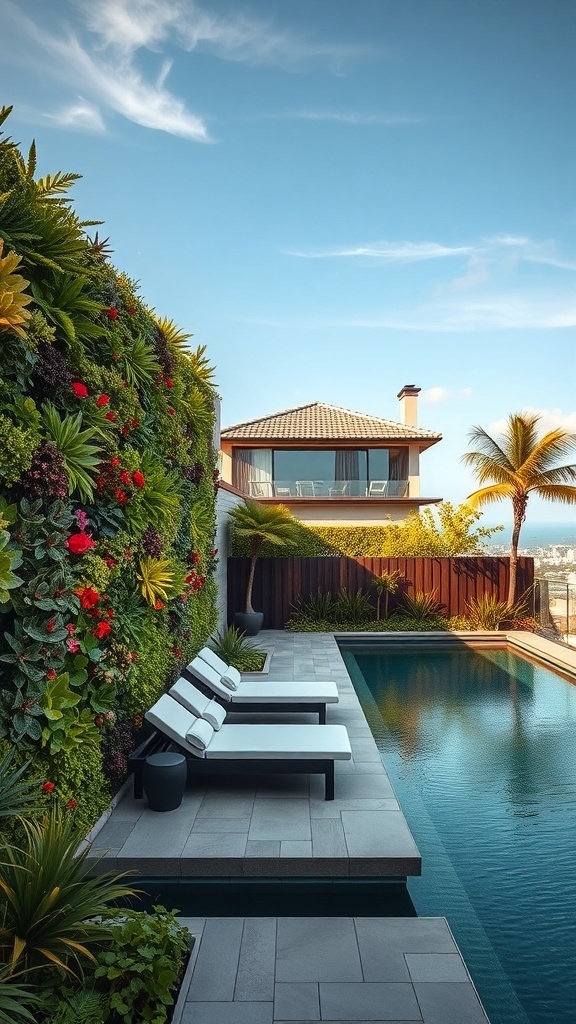 Vertikaler Garten mit bunten Pflanzen an einer Wand neben einem Pool und Liegen
