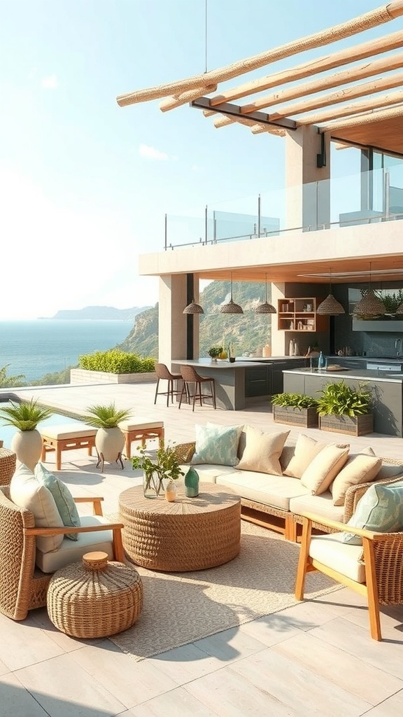 Eine moderne Terrasse mit Möbeln aus Bast und Jute, umgeben von Pflanzen und Meerblick.