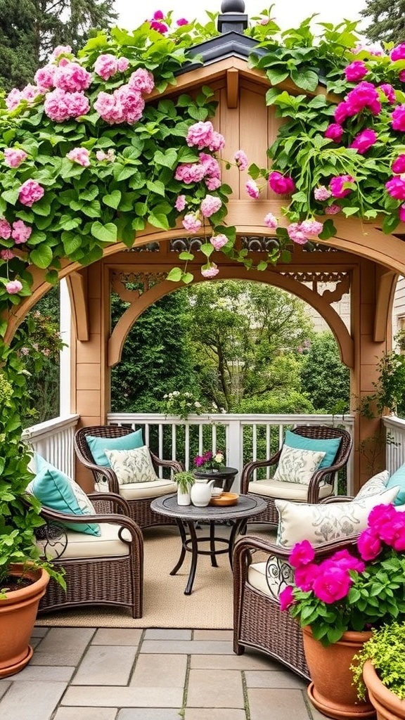 Eine gemütliche Gartenlaube mit pinken Blumen und bequemen Möbeln.