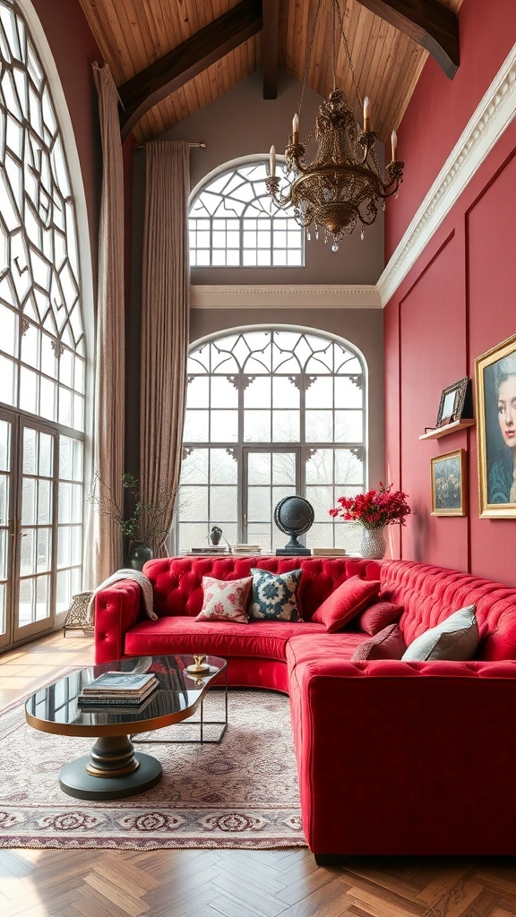A stylish living room featuring a cherry red couch, large windows, and elegant decor.