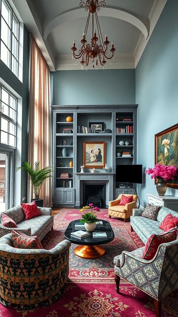 Ein stilvoller Wohnraum mit bunten Möbeln, einem blauen Wandfarbton und einem eleganten Tisch.