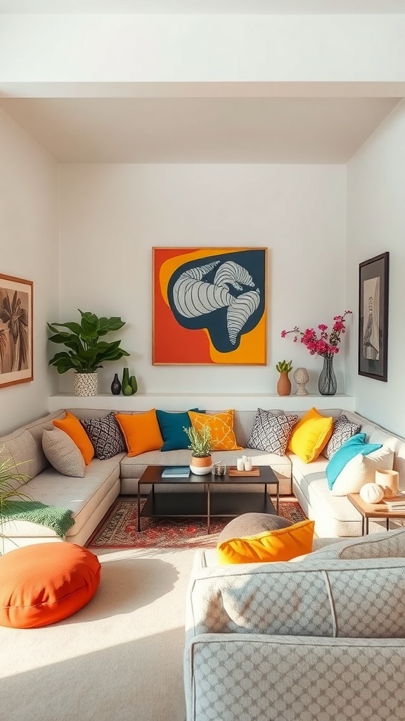 A cozy sunken couch area with vibrant orange and teal pillows, modern artwork, and plants.