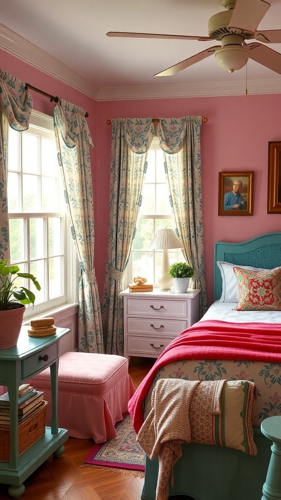 A vibrant Southern style bedroom with pink walls, turquoise accents, and colorful bedding.