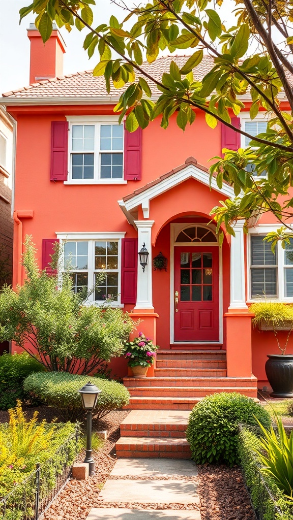 A charming house painted in vibrant coral with red shutters and a welcoming front door, surrounded by lush greenery.