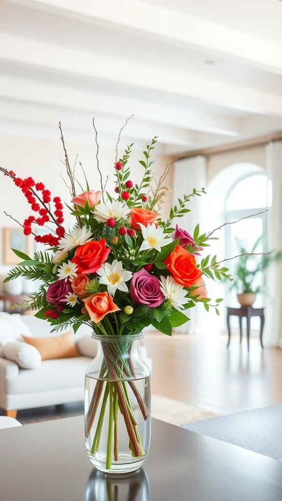 A vibrant floral arrangement with colorful roses and daisies in a clear vase.