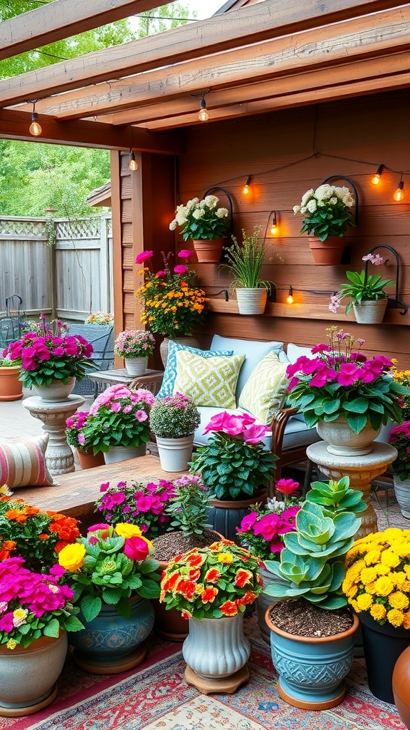 A cozy patio filled with colorful flower arrangements in various pots, creating a vibrant outdoor space.