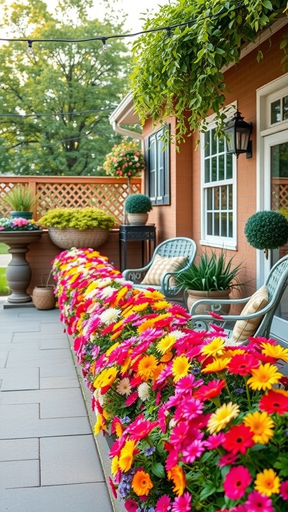 A patio decorated with vibrant flower borders in pink, yellow, and white.