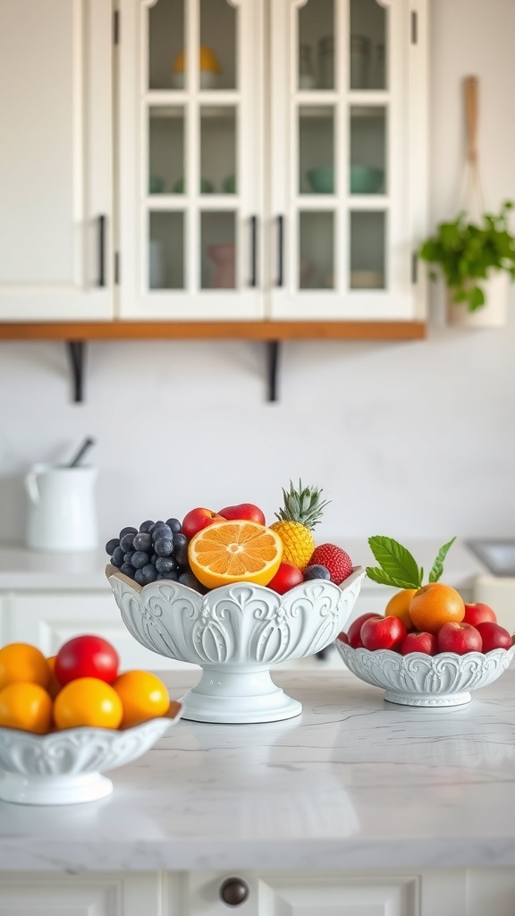 A stylish kitchen countertop featuring three decorative bowls filled with colorful fruits like oranges, strawberries, blueberries, and a pineapple.