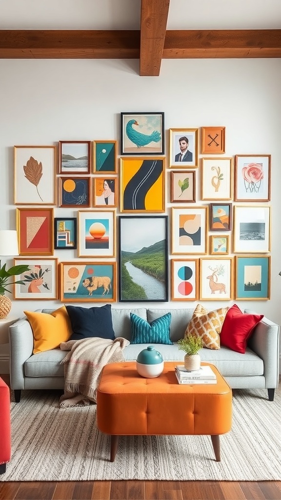 A vibrant gallery wall featuring eclectic frames and colorful artwork.