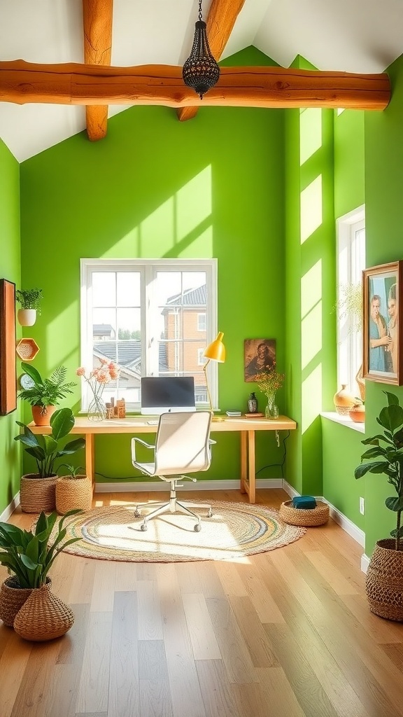 A bright green home office with wooden beams, a desk, and plants.