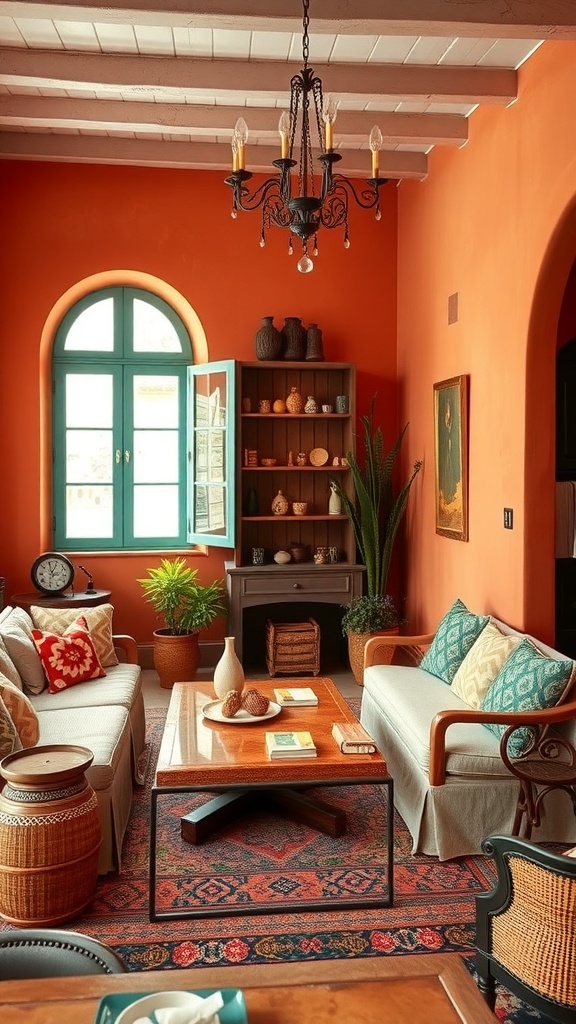 A cozy living room featuring terracotta walls, teal accents, and warm lighting.