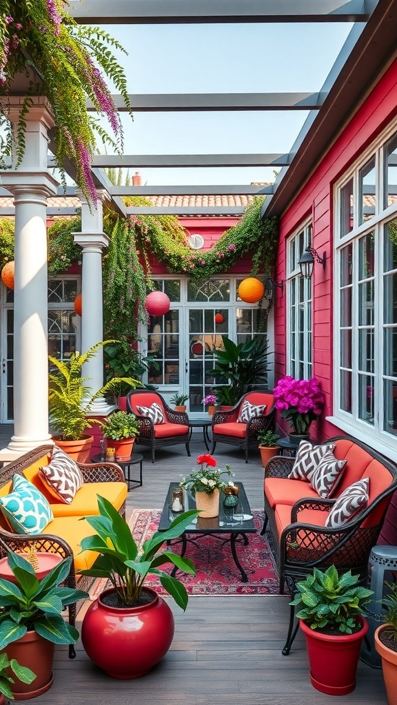 A vibrant outdoor space with colorful furniture and lush plants.