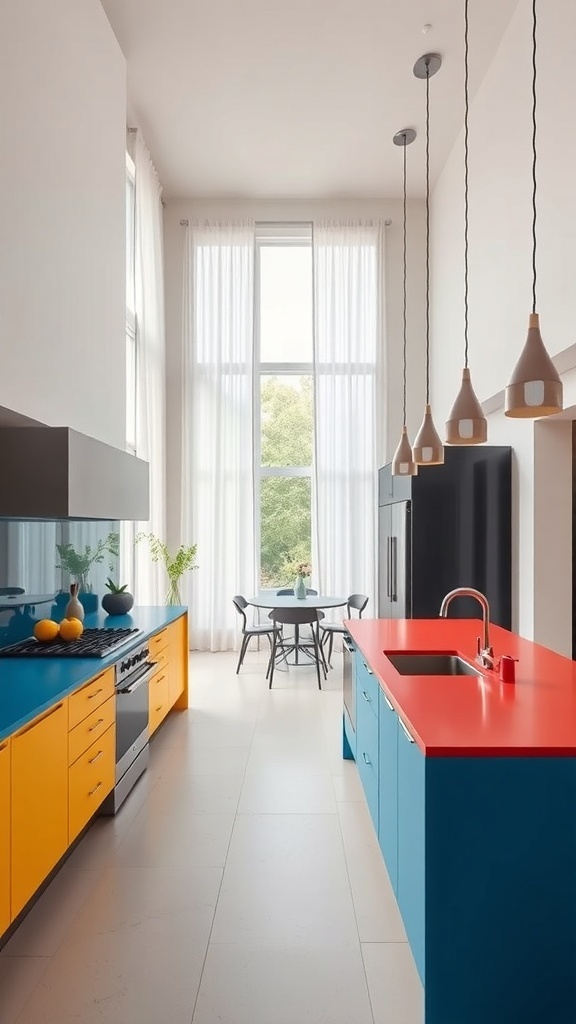 A modern kitchen featuring vibrant solid surfaces in blue, yellow, and red.