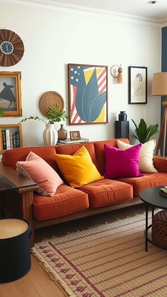 A cozy living room featuring an orange velvet sofa with colorful pillows, rustic wood furniture, and eclectic wall art.