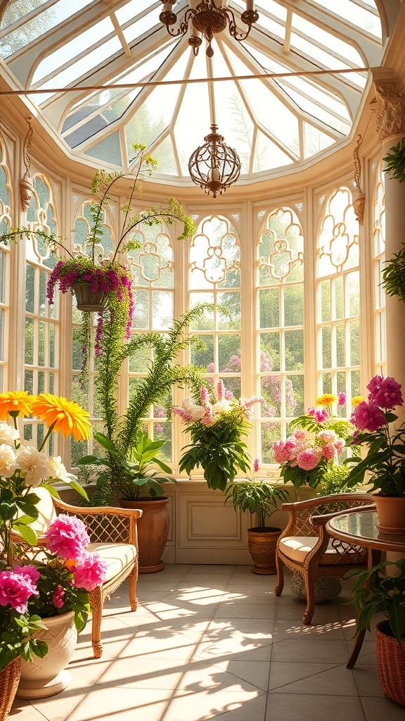 A beautifully designed Victorian conservatory filled with colorful flowers and natural light.
