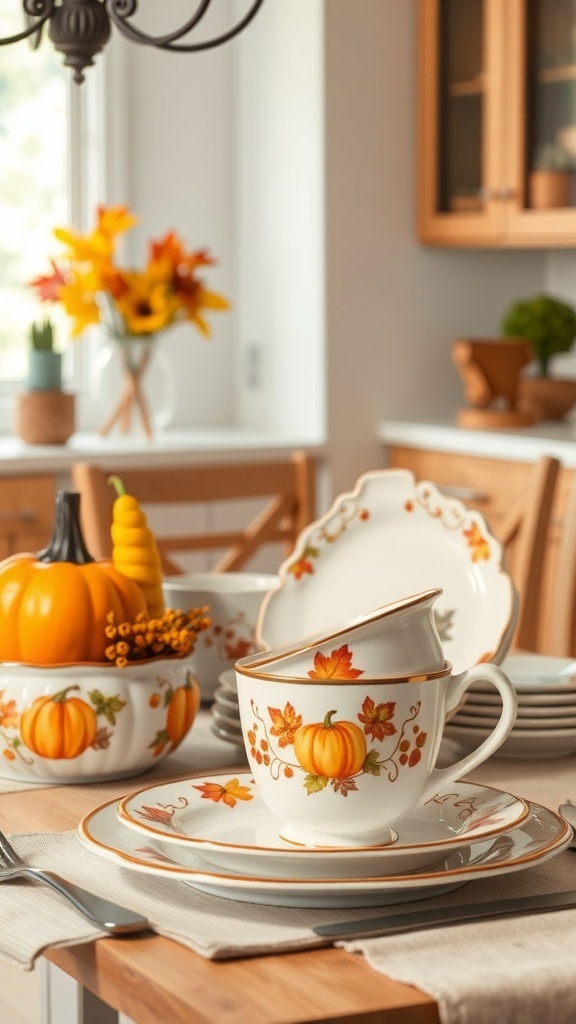 Gemütliche Herbstküche mit Geschirr, Kürbissen und herbstlichen Blättern