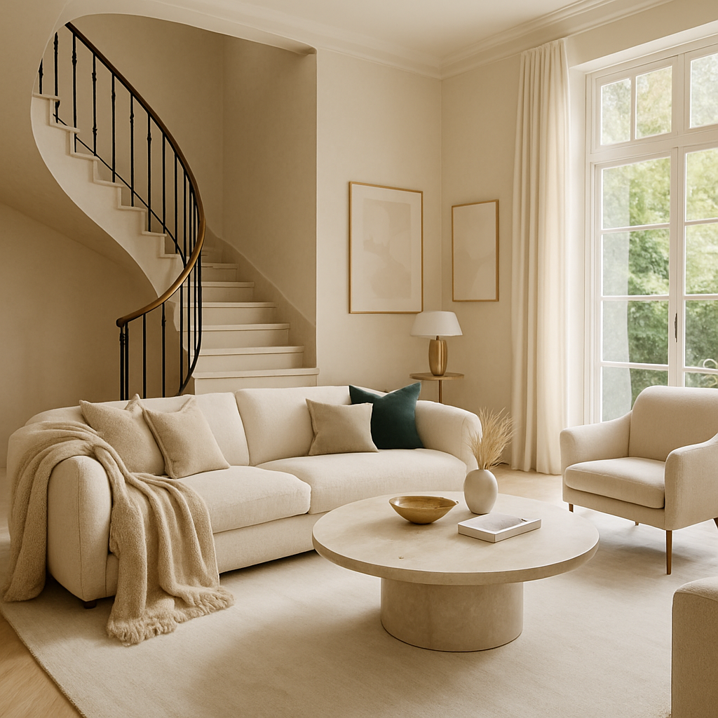 Ein stilvolles Wohnzimmer mit einem beigen Sofa, einem runden Tisch und einer geschwungenen Treppe im Hintergrund.