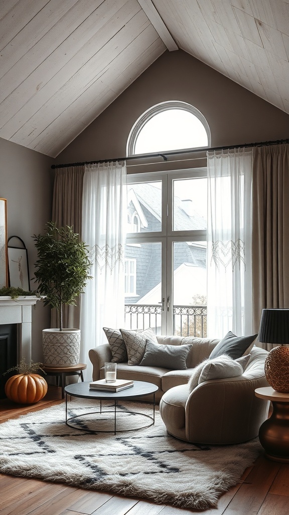 Ein stilvoller Wohnraum mit verschiedenen Texturen, einschließlich eines runden Sofas, einem Couchtisch und einem Teppich.