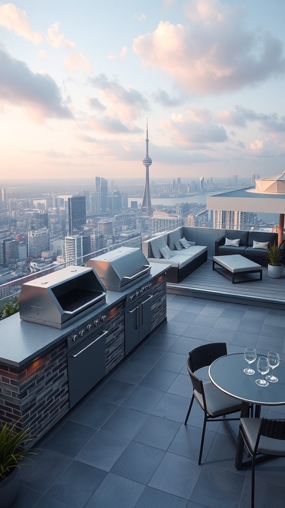 Moderne Grillstation auf einer Dachterrasse mit Blick auf die Stadt