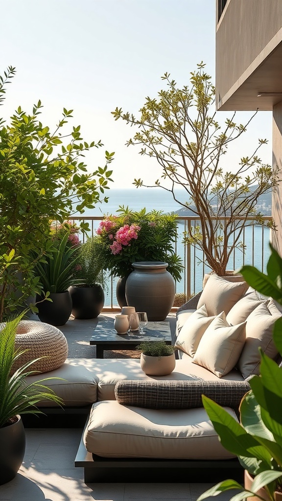 Gemütliche Outdoor-Lounge mit Pflanzen und Blick auf das Wasser