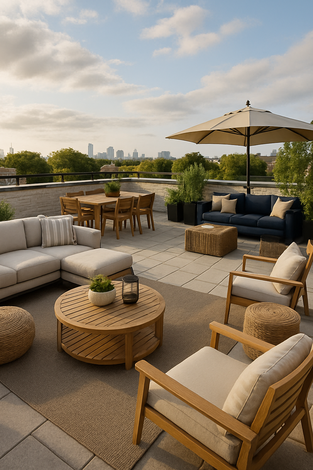 Luxuriöse Dachterrasse mit stilvollen Sitzgelegenheiten und Blick auf das Wasser