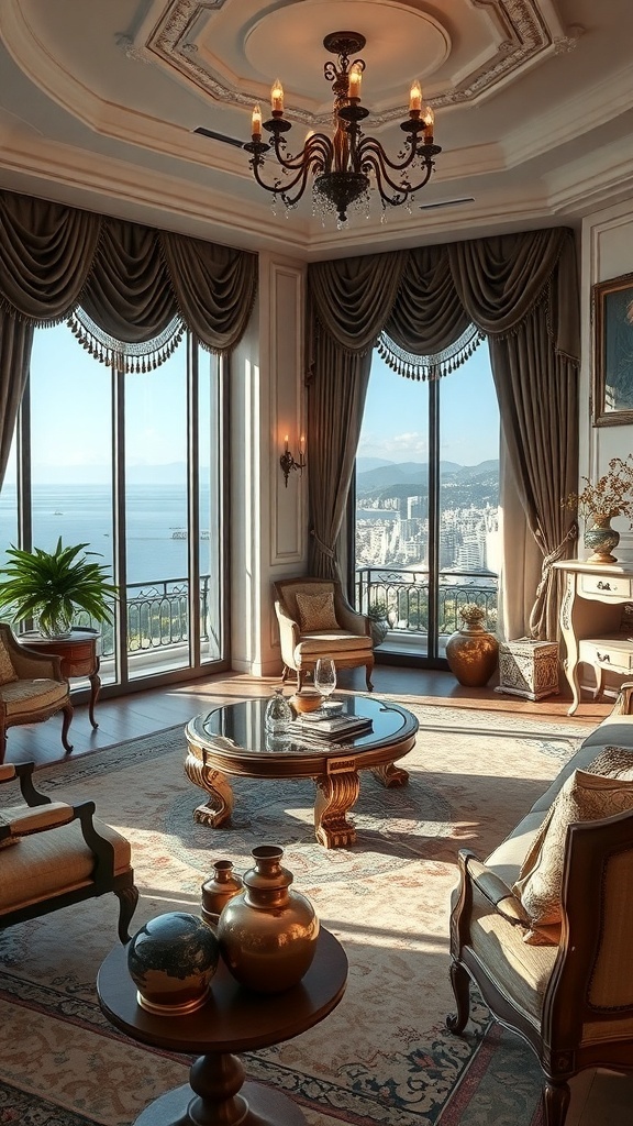 Ein stilvolles Wohnzimmer mit Vintage- und Antikmöbeln, großen Fenstern und Blick auf die Stadt.