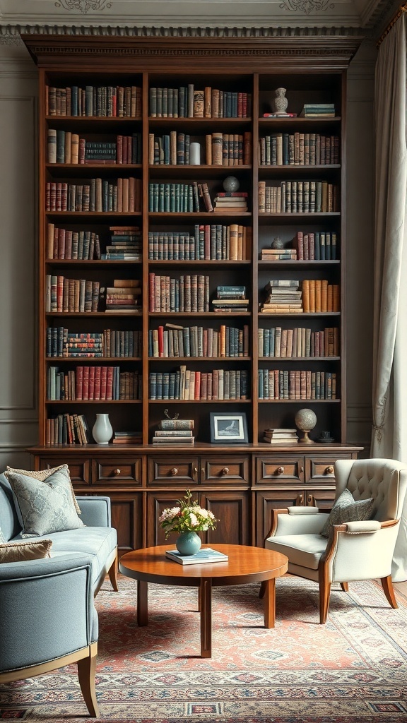Vintage Bücherregal mit Sammlerstücken in einem eleganten Wohnzimmer
