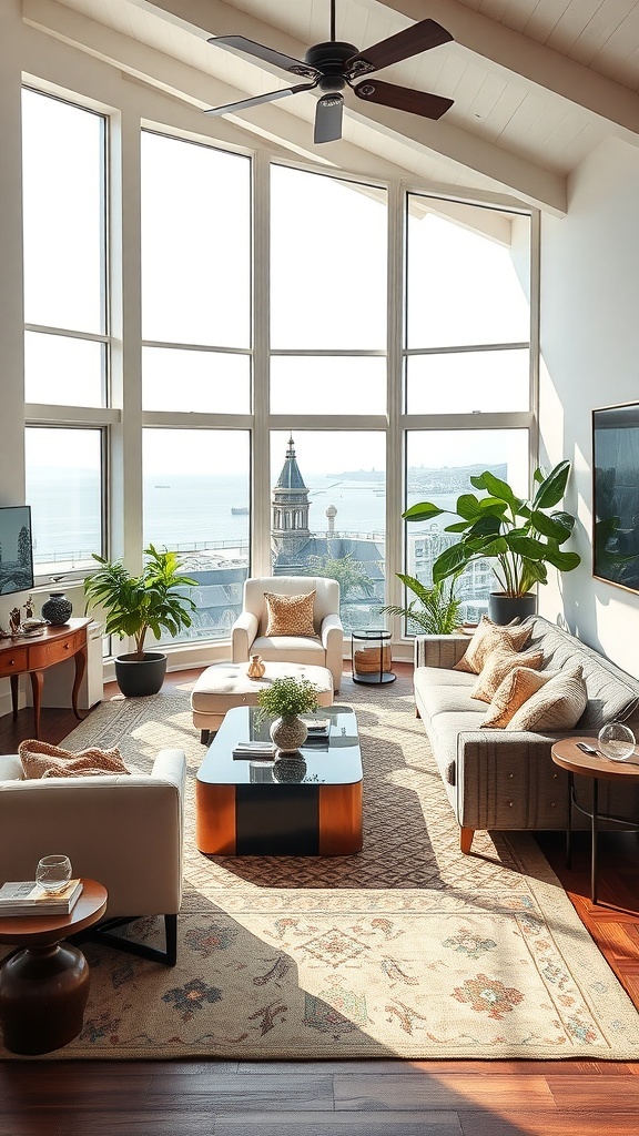 Ein moderner Wohnraum mit Vintage-Elementen, großen Fenstern und Pflanzen.