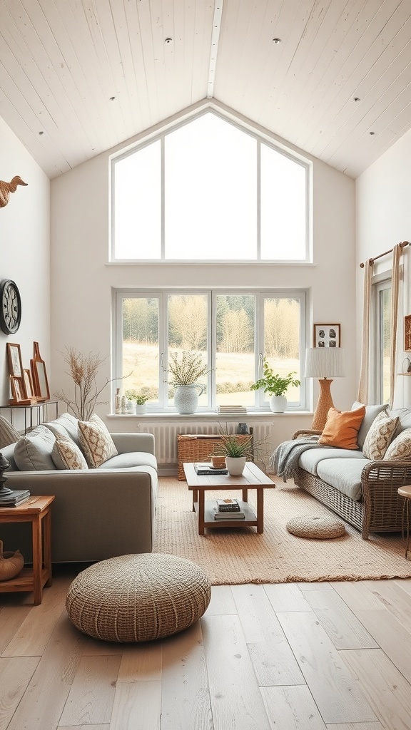 Modernes Wohnzimmer im Bauernhausstil mit Vintage-Dekorationen, großen Fenstern und gemütlichen Möbeln.