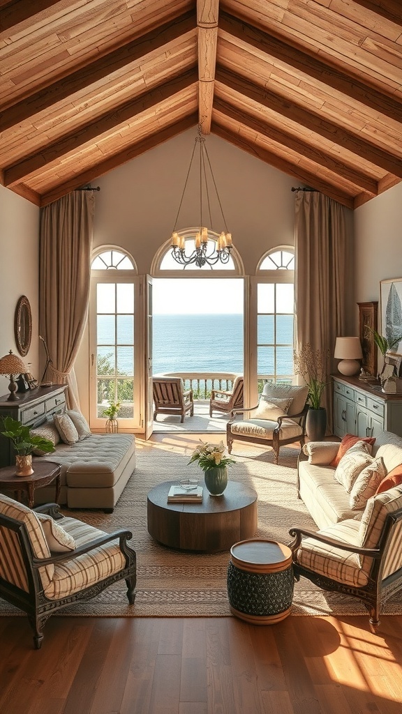 Ein stilvolles Wohnzimmer mit Vintage-Elementen, Holzbalkendecke und Meerblick.