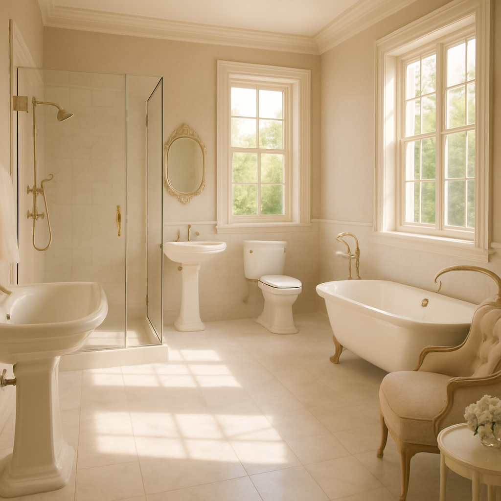 Ein elegantes Badezimmer mit Vintage-Elementen, einschließlich einer freistehenden Badewanne, goldenen Armaturen und einem großen Spiegel.