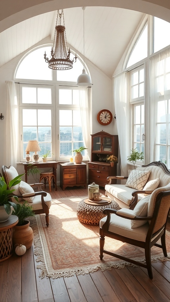 Heller Raum mit Vintage-Möbeln, großen Fenstern und Pflanzen