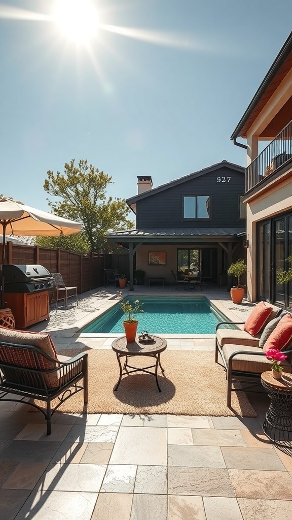 Gemütliche Terrasse mit Pool, vintage Möbeln und Pflanzen
